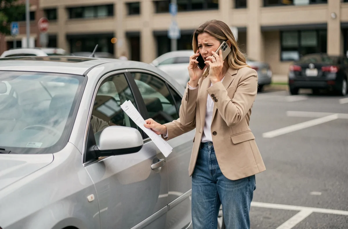 Femme au téléphone près de sa voiture après un sinistre, tenant un document d'assurance