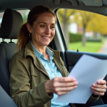 Femme souriante examinant documents d'assurance dans voiture