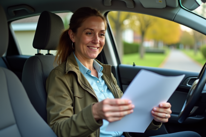 Femme souriante examinant documents d'assurance dans voiture