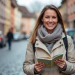 Femme souriante avec carte à Colmar devant parking Rapp