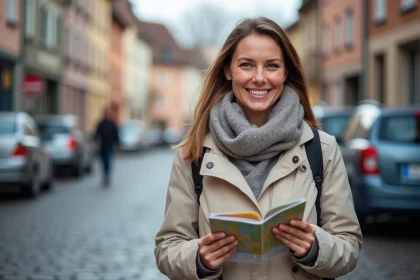 Femme souriante avec carte à Colmar devant parking Rapp
