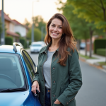 Femme souriante posant avec sa voiture bleue dans la rue