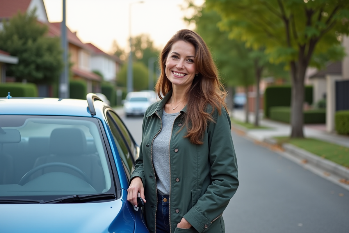 Femme souriante posant avec sa voiture bleue dans la rue