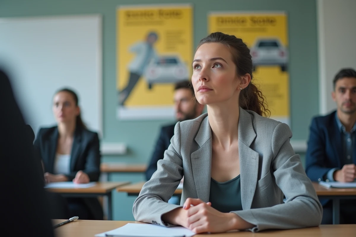 Femme participant à un stage de récupération de points de permis dans une auto-école en France