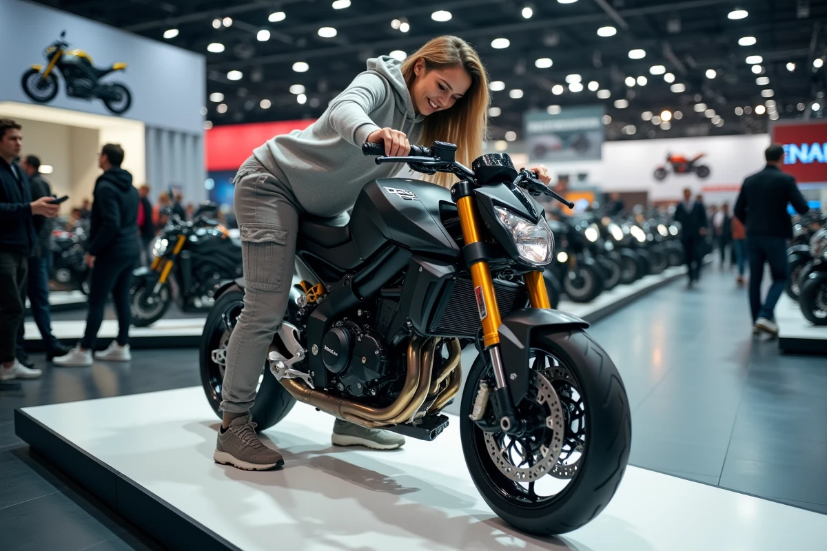 Femme inspectant une moto de sport sur un stand au salon EICMA Milan 2026