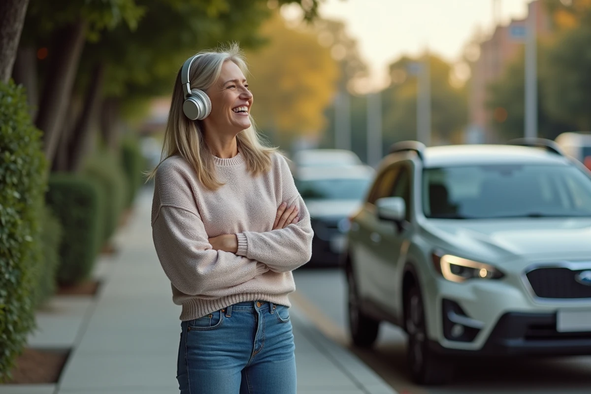 Femme en jeans chantant près d’un SUV en milieu urbain