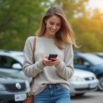 Femme souriante utilisant une application de covoiturage dehors