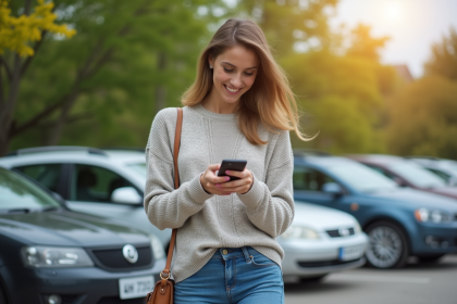 Femme souriante utilisant une application de covoiturage dehors