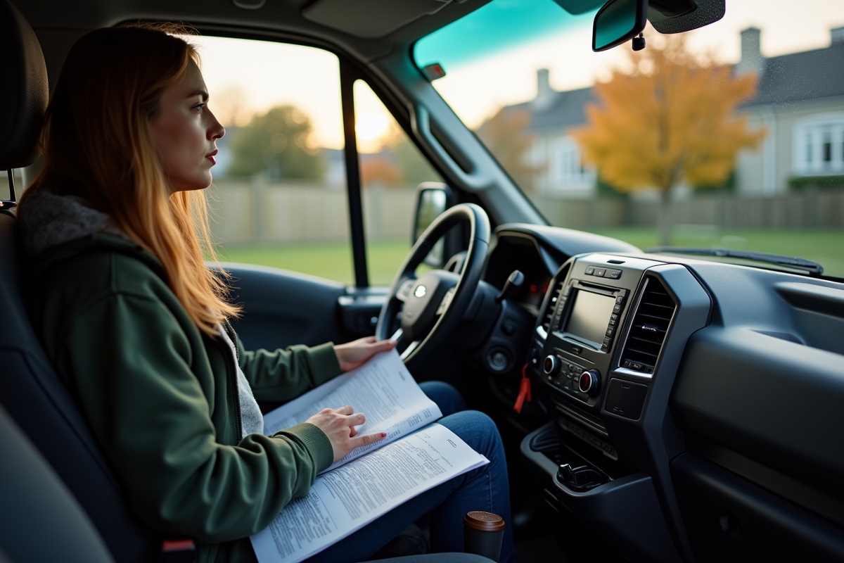 Jeune femme étudie le tableau de bord d’un van