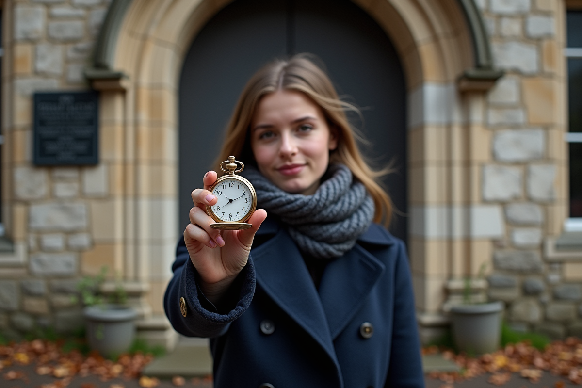 Jeune femme avec montre vintage devant bâtiment historique