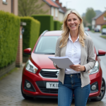 Femme souriante avec brochure d'assurance voiture
