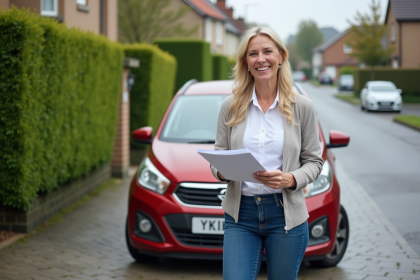 Femme souriante avec brochure d'assurance voiture