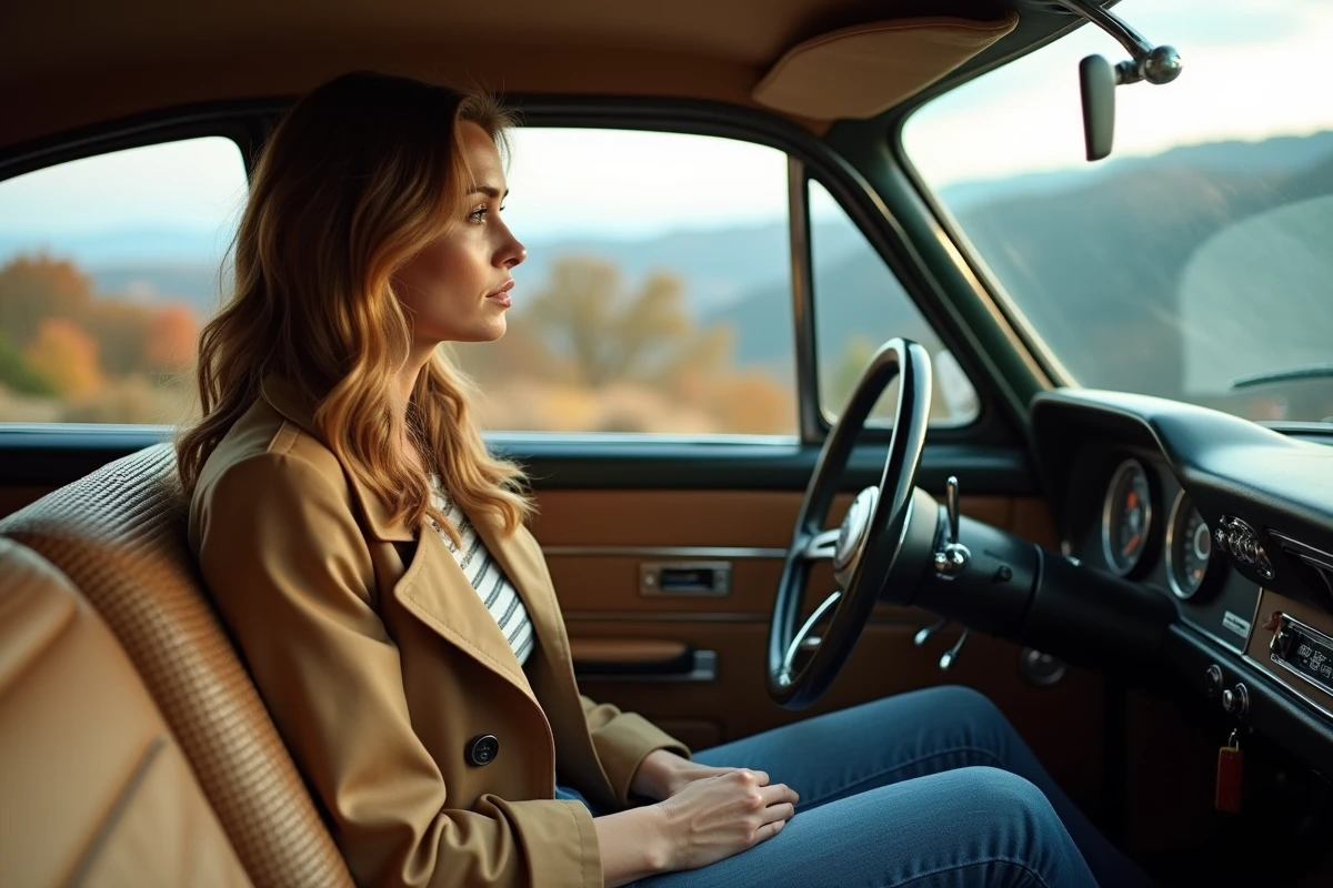 Femme dans une voiture classique au scenic overlook