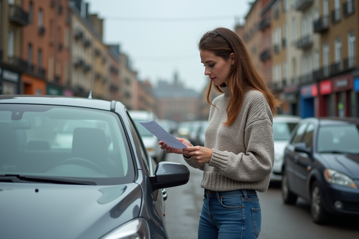 Jeune femme examine une voiture endommagée en ville