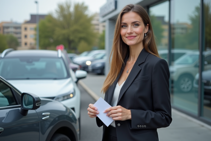 Femme souriante avec carte d'inscription près d'une voiture moderne