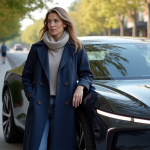 Femme confiante près d'une voiture électrique 2025 dans la ville