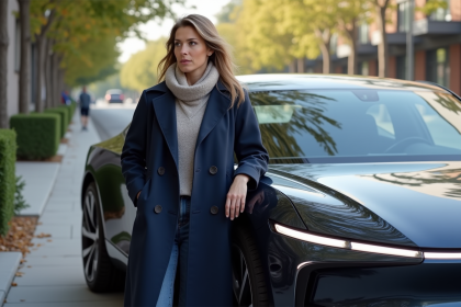 Femme confiante près d'une voiture électrique 2025 dans la ville