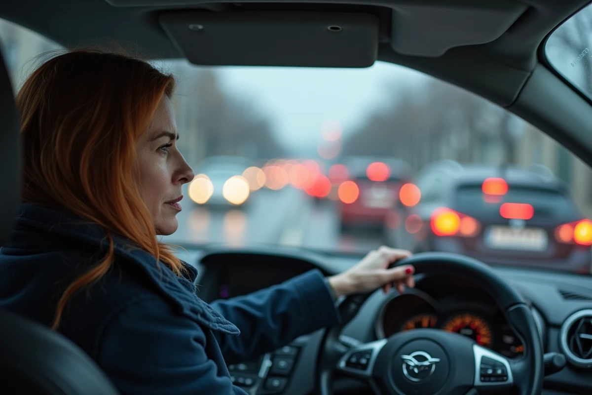 Femme au volant d'une voiture essence bloquée dans les embouteillages en ville, symbolisant la surconsommation de carburant urbain