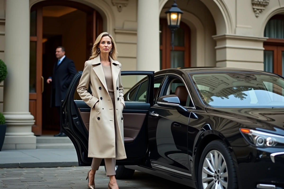 Femme en trench sortant d