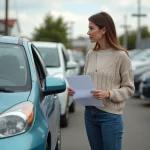Femme devant une voiture d'occasion dans un lot