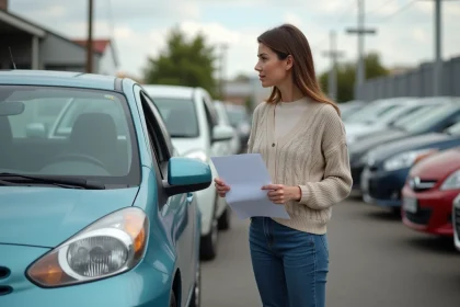 Femme devant une voiture d'occasion dans un lot
