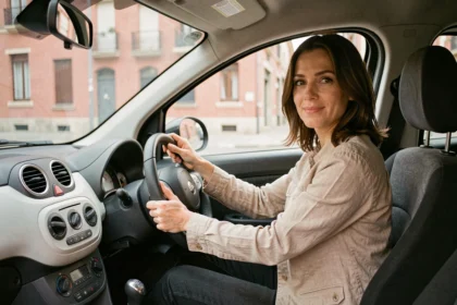 Femme au volant d'une voiture sans permis à Toulouse, intérieur de citadine compacte avec bâtiments en briques roses visibles