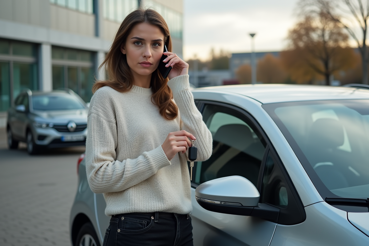 Jeune femme parlant au téléphone près de sa voiture