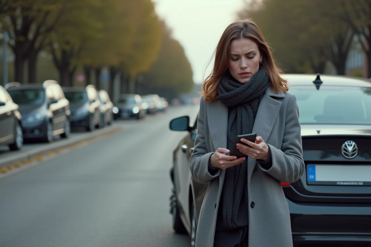 Femme vérifiant l’échappement d’une voiture sur le trottoir