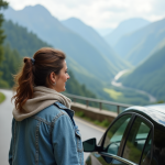 Femme devant voiture sur route de montagne en France