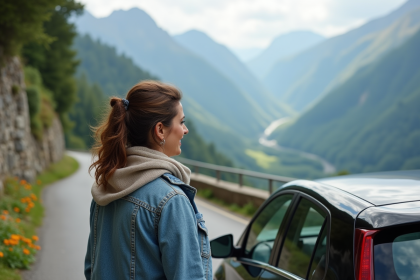 Femme devant voiture sur route de montagne en France