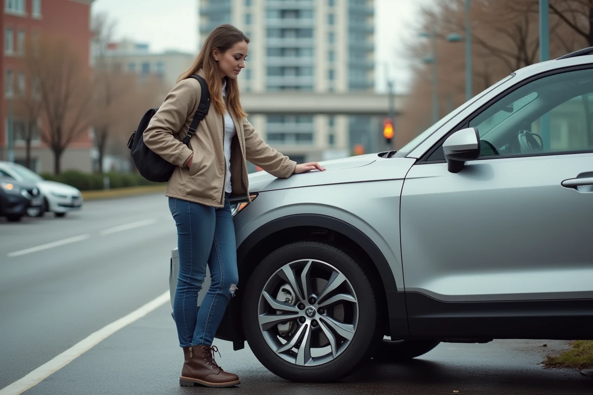 Jeune femme observant un SUV argenté en ville