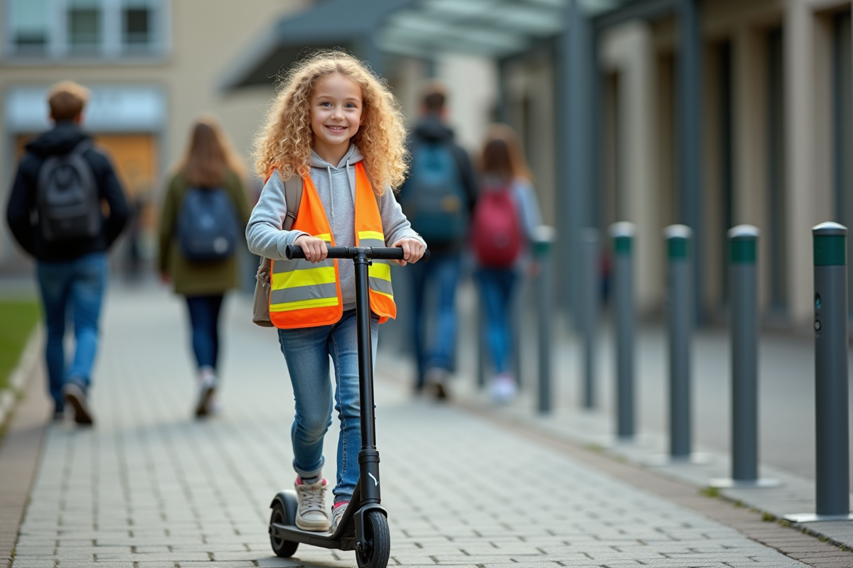 Fille de 14 ans poussant scooter près du lycée