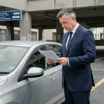 Fonctionnaire masculin en costume marine examinant des documents d'assurance auto près de sa voiture dans un parking administratif