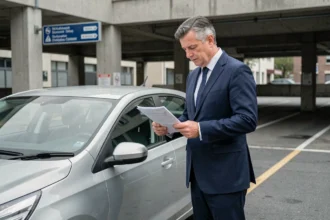 Fonctionnaire masculin en costume marine examinant des documents d'assurance auto près de sa voiture dans un parking administratif
