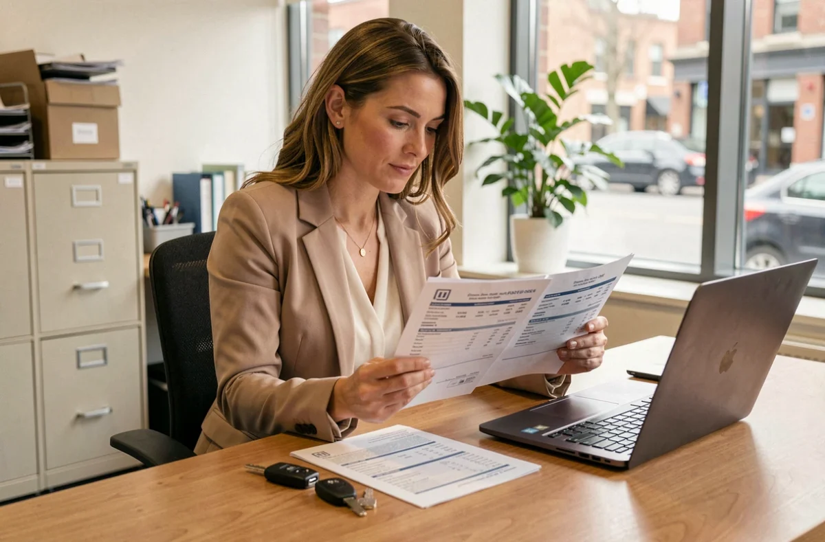 Femme fonctionnaire comparant des devis d'assurance auto sur son bureau dans un bureau administratif moderne