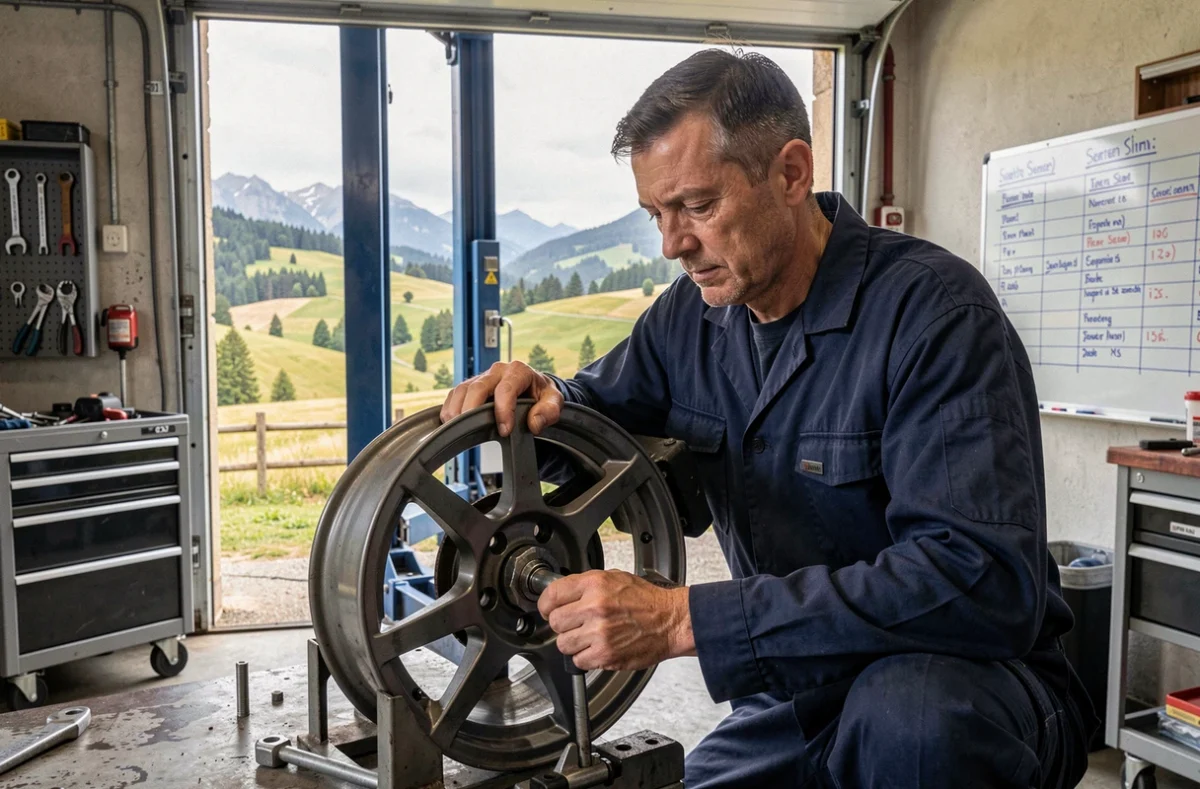Mécanicien du Garage du Plateau 39 travaillant sur les roues d'un véhicule avec le paysage jurassien visible en arrière-plan
