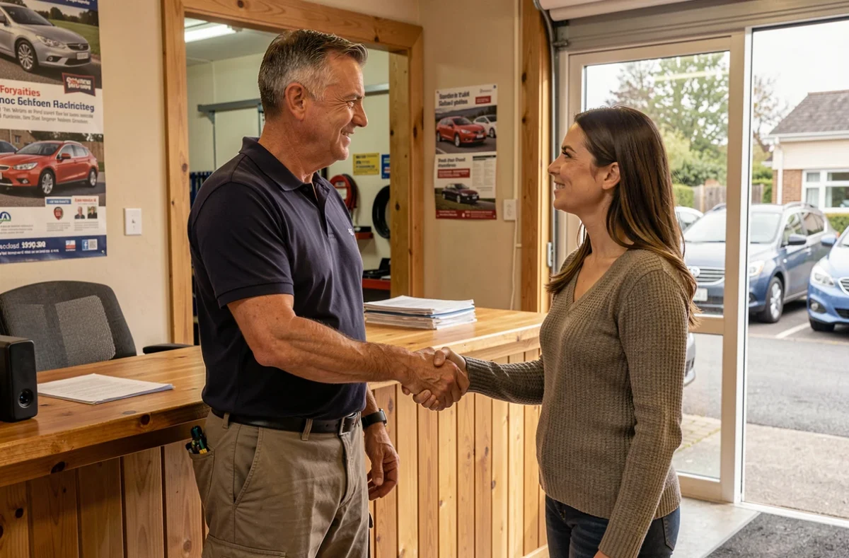 Le gérant du Garage Guyot accueillant une cliente dans la réception d'un garage local du Jura