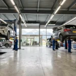 Vue panoramique d'un garage automobile dans le Jura avec des techniciens au travail sur des véhicules