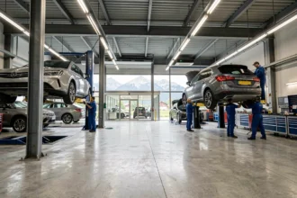 Vue panoramique d'un garage automobile dans le Jura avec des techniciens au travail sur des véhicules