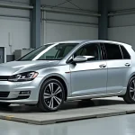 Volkswagen Golf 7 posée sur un pont-bascule dans un centre d'homologation automobile, vue trois quarts avant