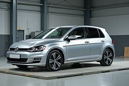 Volkswagen Golf 7 posée sur un pont-bascule dans un centre d'homologation automobile, vue trois quarts avant