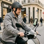 Homme à scooter utilisant un GPS dédié fixé au guidon en ville