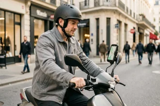 Homme à scooter utilisant un GPS dédié fixé au guidon en ville