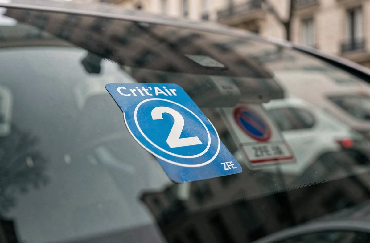 Gros plan sur une vignette Crit'Air 2 bleue collée sur le pare-brise d'un véhicule en zone à faibles émissions