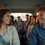 Groupe d'adultes souriants en covoiturage en ville