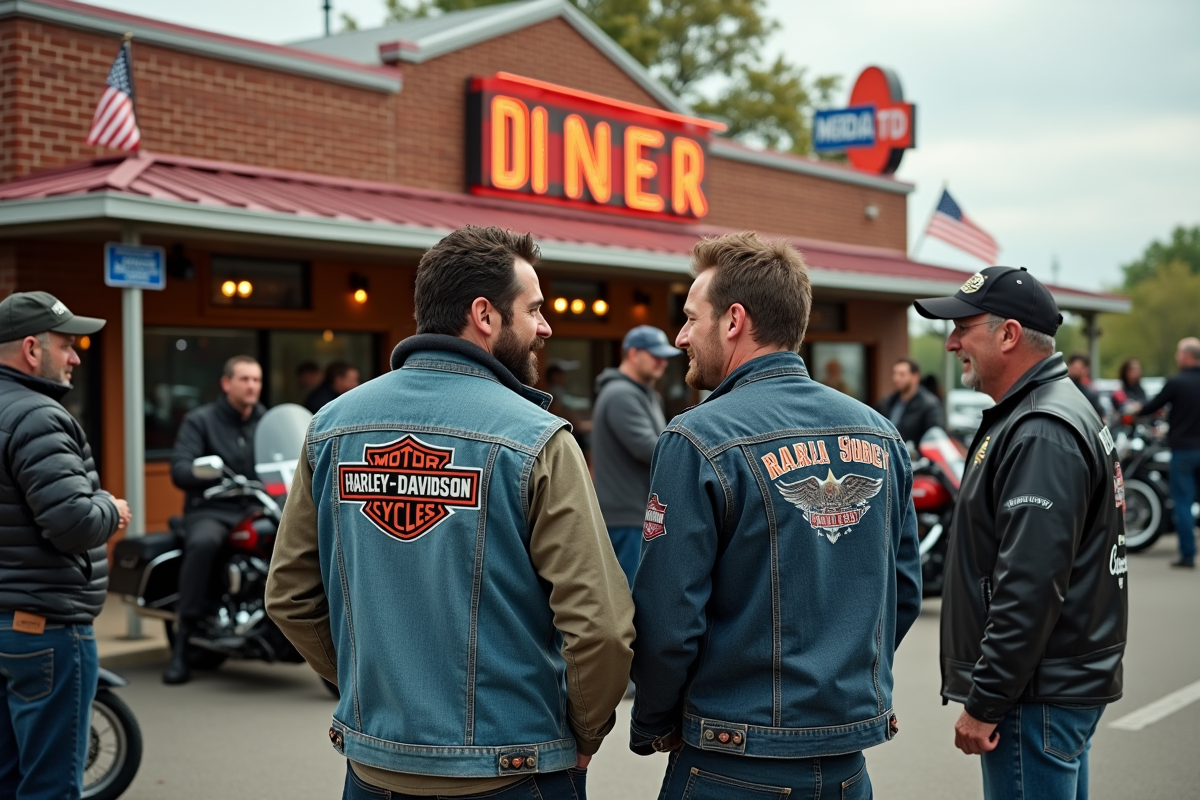 Groupe de passionnes Harley devant un diner américain