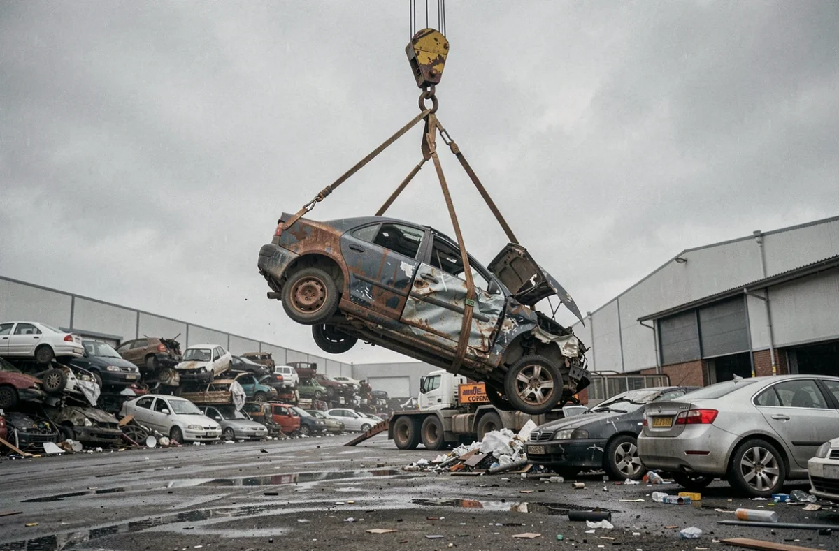 Grue magnétique soulevant une voiture compactée dans un centre de recyclage de véhicules hors d'usage