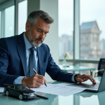 Homme d'affaires en costume bleu examine un contrat d'assurance voiture