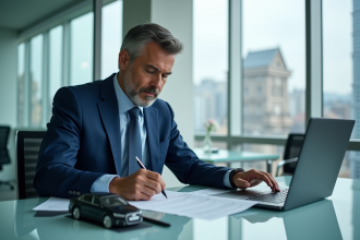 Homme d'affaires en costume bleu examine un contrat d'assurance voiture