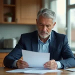 Homme d'affaires en costume dans sa cuisine examine des documents